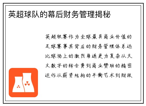 英超球队的幕后财务管理揭秘