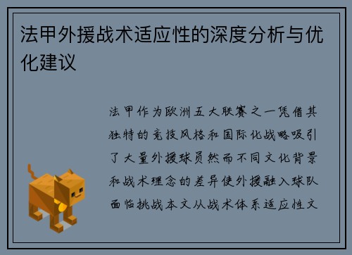 法甲外援战术适应性的深度分析与优化建议